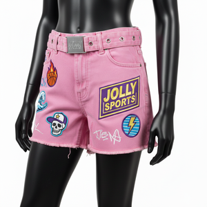 Shorts vaqueros rosas de algodón de alta calidad para mujer, tela suave y elástica, parche de chenilla con bordado, logo personalizado, shorts tipo booty para mujer - Product Image 1