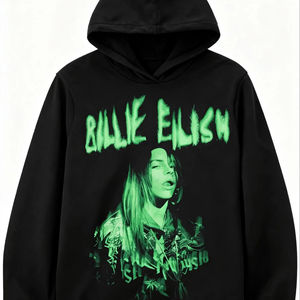 Sudadera con Capucha de Forro Polar Casual con Estampado Bordado de Billie Eilish, Sudadera Holgada de Estilo Retro para Hombre y Mujer, Unisex - Product Image 1