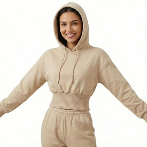 Sudaderas Cortas de Cintura Alta para Mujer con Logotipo Personalizado, Dobladillo Acordonado Ancho, Hombros Caídos, Manga Abullonada, Felpa de Algodón, Sudaderas al por Mayor - Product Image 2