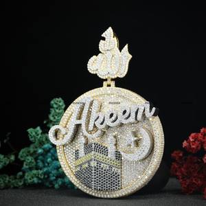 Pendentif islamique en moissanite avec nom arabe personnalisé, en argent sterling 925 plaqué or jaune, pendentif rond en diamant pour cadeau - Product Image 2