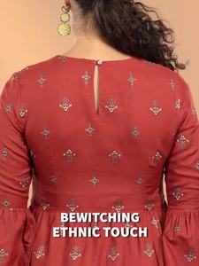 Indian Ethnic Wear Elegant O-Neck <b>Three</b> Quarter Sleeve Cotton Embroidery Fit Flare Silhouette Short Top for Office Regular Wear - Product Image 3