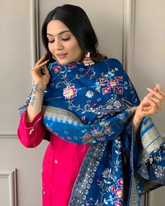 Nueva Ropa Étnica India Chanderi de viscosa con diseño de bordado trabajo Kurtis de punto completo con conjunto Dupatta para ropa de mujer - Product Image 4