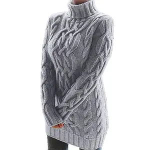 Jaket Sweater natal wanita, baju Sweater musim dingin longgar pinggang tinggi lengan panjang leher kura-kura, jaket trendi untuk wanita