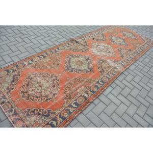 พรมตุรกีวินเทจเป็นมิตรกับสิ่งแวดล้อมกองกลางสีส้มสีฟ้าการออกแบบปะติดปะต่อกัน4.2 x 12.1ft แบนสานขนสัตว์ยางหนุนหลังห้องรับประทานอาหาร - Product Image 2