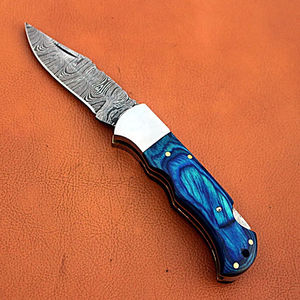 Couteau pliant de poche en acier Damas fait main, personnalisable OEM, pour usage extérieur, camping et industriel, avec manches en bois ou Micarta - Product Image 3