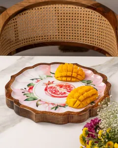 Plateau en bois de manguier Oasis ou ensemble de plateau de service en bois de manguier ou plateau de service en bois de manguier Phool Bahar plateau floral décoratif - Product Image 2