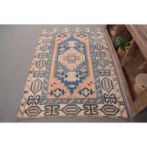 Tapis Vintage en Laine Turque 4X6 pieds Style Classique Bleu Beige Patchwork Design Plat Armure Latex pour Décorations de Salon - Product Image 1