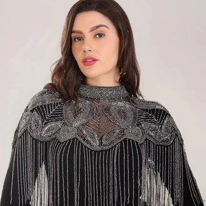 Robe de soirée élégante burlesque droite, mèches perlées, cape à paillettes, perles, broderie, tenue pour club festif - Product Image 1