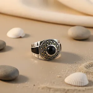 Bague en argent 925 avec onyx et marcassite taille radiant, motif géométrique classique, bijoux fins pour homme, plaqué rhodium - Product Image 3