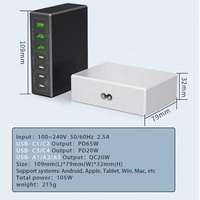 Adaptateur USB-C universel HNT PD QC 105W GaN 7 ports, station intelligente magnétique ignifuge pour téléphone portable, bureau, ordinateur portable