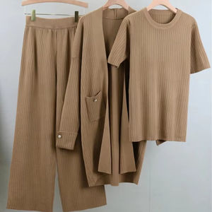 ชุดเสื้อสเวตเตอร์ถักยาว3ชิ้นสำหรับผู้หญิงฤดูใบไม้ร่วงฤดูหนาวเสื้อสเวตเตอร์คาร์ดิแกนแขนสั้นและกางเกงขากว้างชุดแฟชั่นหรูหรา - Product Image 4