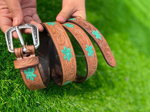 New Arrival Genuine <b>Leather</b> Western Hand <b>Tooled</b> and Hand Painted Floral <b>Belts</b> Real Handmade <b>Tooled</b> <b>Leather</b> Unisex Waist <b>Belts</b> - Product Image 4