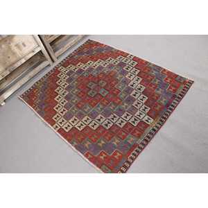 Tapis turc à accents ethniques, tapis vintage 4,8x3,9 pieds, tapis en laine rayé rouge - Product Image 3