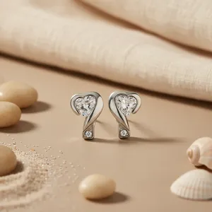 Silver Heart-Shaped <b>Stud</b> Earrings Cubic Zirconia Trendy Cute Pear Cut Drop Earrings Gold Plated Rose Gold Material <b>for</b> Women - Product Image 2