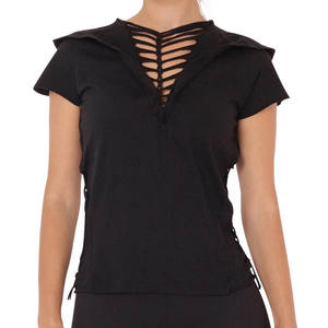 Camiseta de manga corta con cuello en V entrecruzado para mujer, camiseta informal ajustada con cordones en la parte delantera para verano y uso diario - Product Image 6