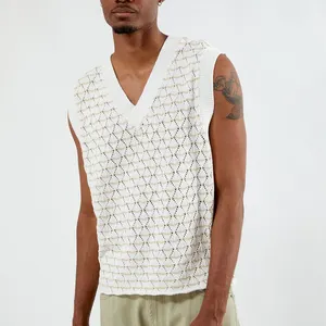2024 OEM ODM Custom Men's Oversized V Neck Hollow Out Sleeveless Sweater Cotton Knitted Vest