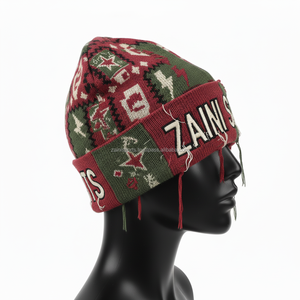 Gorro de invierno para mujer, gorro de punto de lana acrílica GSM, doble Color, verde, rojo, logotipo personalizado, bordado, punto, gorro jacquard - Product Image 3