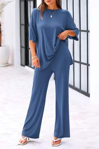 Womens Summer Casual Loose <b>Short</b> Sleeve Pullover Tops & <b>Wide</b> <b>Leg</b> Pants Lounge Sets Tracksuit - Product Image 4
