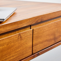 Bureau d'ordinateur en teck de style classique, moderne, durable et éco-responsable avec 2 tiroirs, mobilier de bureau pour salle d'étude et usage hôtelier