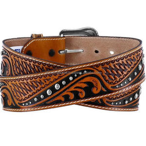 Vintage Custom Made Tooled <b>Leather</b> Western <b>Belt</b> With Unique Wave Tooling Pattern With High Quality Interchangeable Floral Buckle - Product Image 1