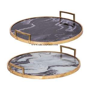 Support en aluminium argenté antique Marbre noir Forme ronde Resorts Ustensiles de cuisine Plateau de service pour restaurant Utilisation de la vaisselle - Product Image 5