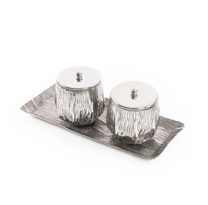 Aluminum Candy <b>Jar</b> Set Of 2 With Tray Hand Engraved Design Nut Server Round Shape Wholesale Luxury Metal Dry Fruit <b>Jar</b> - Product Image 1