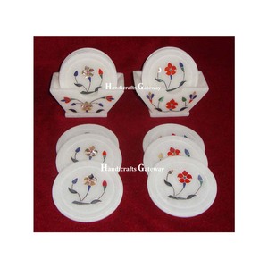 Glossy Super Of Lightweight Natural Design Pure <b>White</b> Marble Inlaid Coaster Set And Handmade Fine Polished Design Coaster Set - Product Image 1