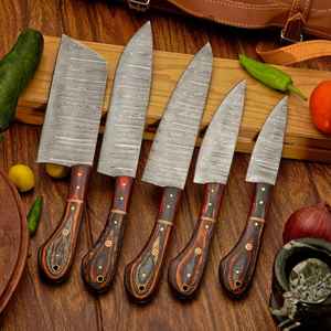 Juego de Cuchillos de Chef de Acero de Damasco de Alta Calidad, 5 Piezas, Hechos a Mano, con Mango de Madera, Venta Caliente, para Uso en Cocina, Directo de Fábrica, con Funda - Product Image 4