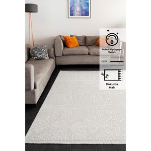 Ensemble de tapis de salon Konfor Elex 5203, tapis moderne en polyester tissé blanc à franges droites - Product Image 4