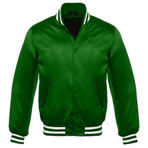 Chaqueta de béisbol Estilo Vintage con letras para hombre bombardero universitario de satén verde oscuro con ribete blanco lona temporada de invierno - Product Image 1