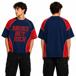 เสื้อยืดแขนยาวผู้ชายสีน้ำเงินแดง พิมพ์ลาย Broke but Rich คอกลม ทรงปกติ สไตล์ไฮสตรีท ผ้าฝ้ายถักเจอร์ซีย์ 100% - Product Image 4