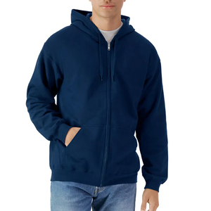 Men's <b>Navy</b> Blue Hooded Zip-Up Fleece <b>Sweatshirt</b> Regular Fit Casual Solid Color 100% Cotton Autumn Wear - Product Image 2