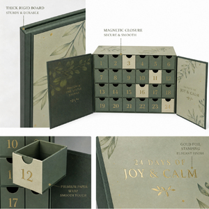 <span class=keywords><strong>Calendario</strong></span> de <span class=keywords><strong>Adviento</strong></span> Elegante Totalmente Personalizado en Verde Mate, Caja de Regalo de Cartón con Doble Apertura para Exhibición de Fragancias, Collares, Velas y Cestas - Product Image 4