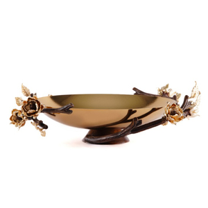 Bol de service en métal élégant avec finition dorée, avec des accents décoratifs de branches et de fleurs, centre de table de luxe, bol à fruits, décoration d'intérieur - Product Image 1