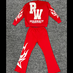 Streetwear personnalisé soleil fané Vintage survêtement hommes polaire haute rue en détresse Patchwork à capuche et pantalon de survêtement ensemble - Product Image 3