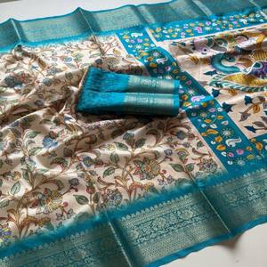 Sari Premium de Seda Lichi Suave con Estampado Jacquard Digital Kalamkari Pichwai, Borde Rico, Diseño Completo Iguales en Ambos Lados - Product Image 3