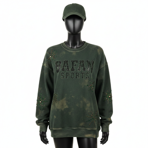 Sudadera para Mujer con Efecto Deslavado al Ácido, de Algodón y Felpa, Verde Vintage, con Transferencia de Calor de Cristal, Logotipo Personalizado, Transpirable - Product Image 1