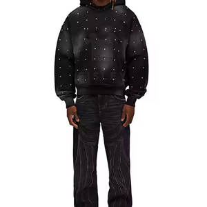 Sweat à capuche en molleton français 100% coton surdimensionné pour homme, logo personnalisable, vêtement décontracté d'hiver avec détails en strass - Product Image 4