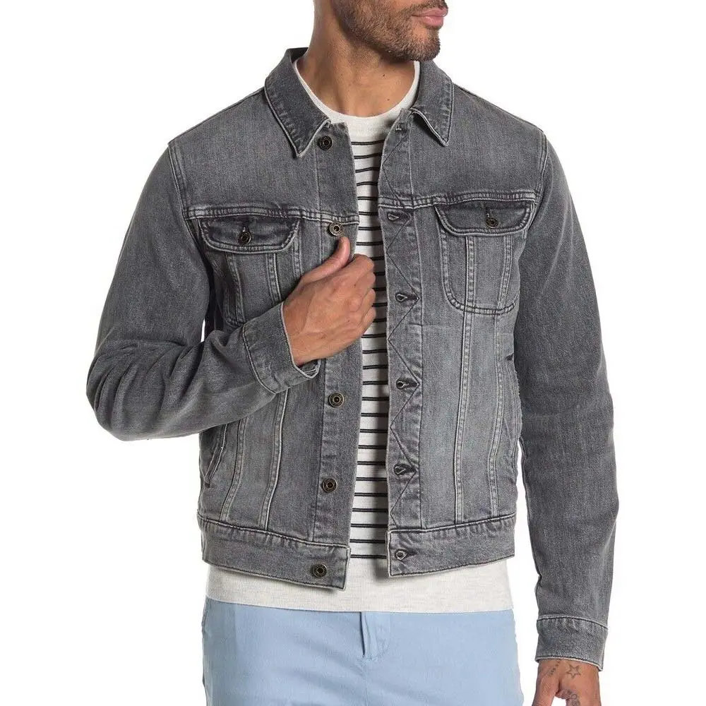 Jaket Denim polos untuk pria, jaket Denim katun biru musim dingin ukuran Plus untuk pria