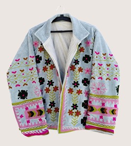 Abrigo de Lana Bordado Estilo Bohemio para Mujer, Talla Grande, Manga Larga, Cuello Redondo, Patrón Suzani, Hecho a Mano, Frente Abierto, Largo, Invierno, Ecológico - Product Image 3