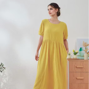 Femmes Rétro Loose Half Sleeve Summer Dresses Vacation Cotton Linen Clothing O-neck Solid Color Long Dress Best Quality Dress - Product Image 1