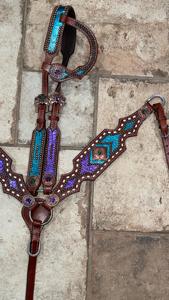 Ensemble de bride et de collier de poitrail en cuir western avec franges turquoise, design arctique personnalisé, bride de cheval, taille complète/coibon, sur mesure - Product Image 4