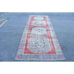 4.3x11.3 ft Vintage Turkish Rug, <b>Runner</b> Rug, <b>Red</b> Blue Southwestern Wool Rug - Product Image 1