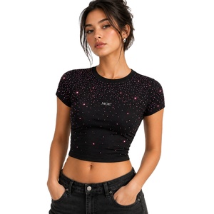 New Summer Women's Breathable <b>Rhinestone</b> Customised Patterns women's shirt Crew Neck Cropped Short Sleeve Tshirt Custom Logo OEM - Product Image 1