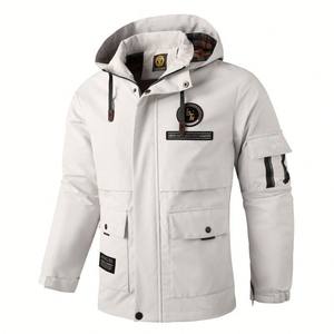 <b>Men's</b> <b>Casual</b> <b>Lightweight</b> <b>Jacket</b> Detachable Hood Multi-Pocket Zip-Up Design Polyester Long Length Letter Coated for Spring - Product Image 5