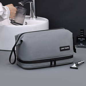 Neceser de dos pisos personalizado, neceser de viaje impermeable, neceser organizador portátil negro y gris para hombre - Product Image 1