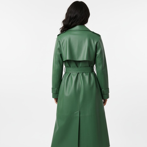 Abrigo de Cuero para Mujer, Tejido de Algodón, Hecho a Medida, Largo, Moderno, Elegante, con Cinturón, Doble Botonadura - Product Image 2