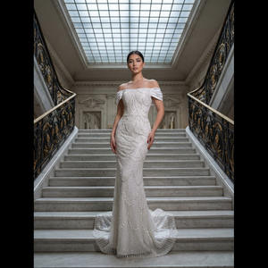 Luxury Beaded Straight Modern Fitted Evening <b>Dress</b> Shoulder Wedding Gown Elegant Bridal Long <b>Train</b> High Quality Custom Design - Product Image 1