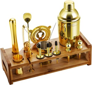 Juego de coctelera de acero inoxidable con elegante base de madera y tapa para bodas y eventos especiales - Product Image 1