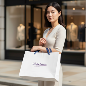 Bolsas de Compra de Papel Recubierto de Lujo Desechables Personalizadas, Materiales Reciclados, Impresión de Logotipo, Barnizado, Asa Flexiloop para Promoción - Product Image 4